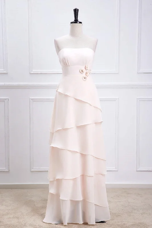 Discount Mania Strapless Peach Layered Chiffon Bridesmaid Dress with 3D Flowers