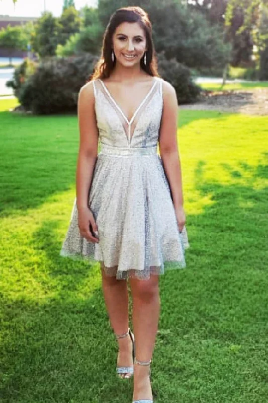 Bonus Savings Sheer A-Line Sliver Short Homecoming Dress