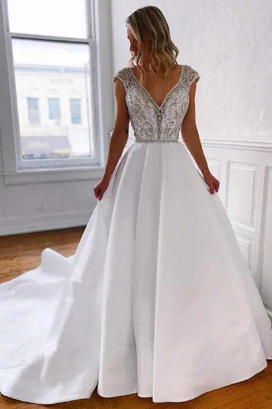 Extra Discounts V-Neck Long White Wedding Dress with Silver Beads