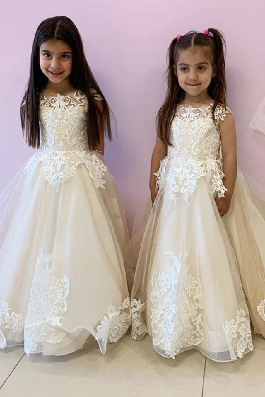 Value Deals Cap Sleeves Ivory Flower Girl Dress with Lace Appliques