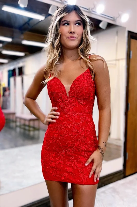 Mega Sale Red Plunging V Neck Appliques Tight Cut-Out Homecoming Dress