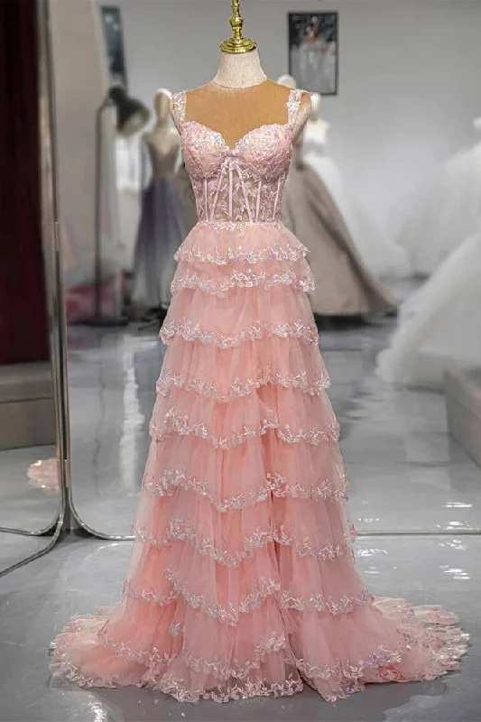 Seasonal Sale Pink Sweetheart A-Line Layered Lace Long Dress with Appliques
