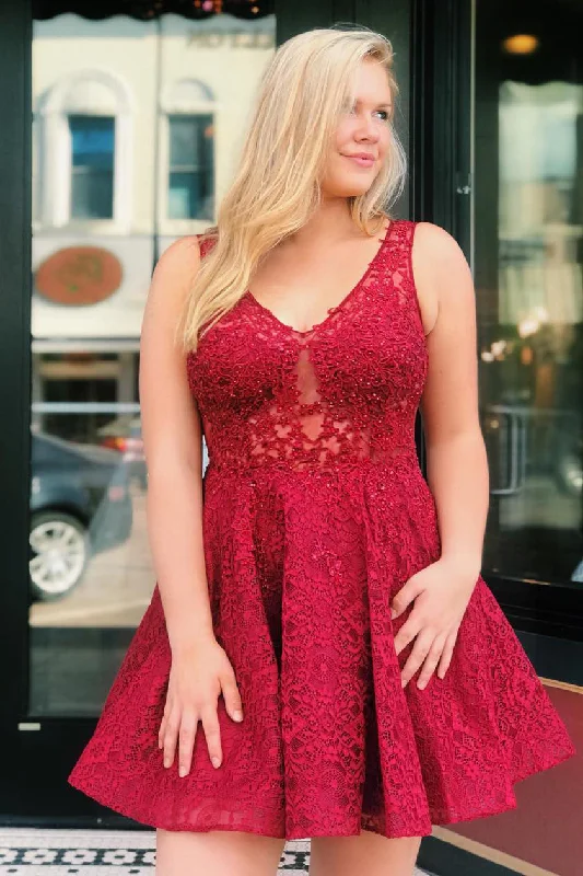 Today Only All Over Lace Red Homecoming Dress with Sheer Back