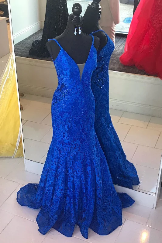 Early Access Elegant V Neck Mermaid Royal Blue Long Lace Prom Dress