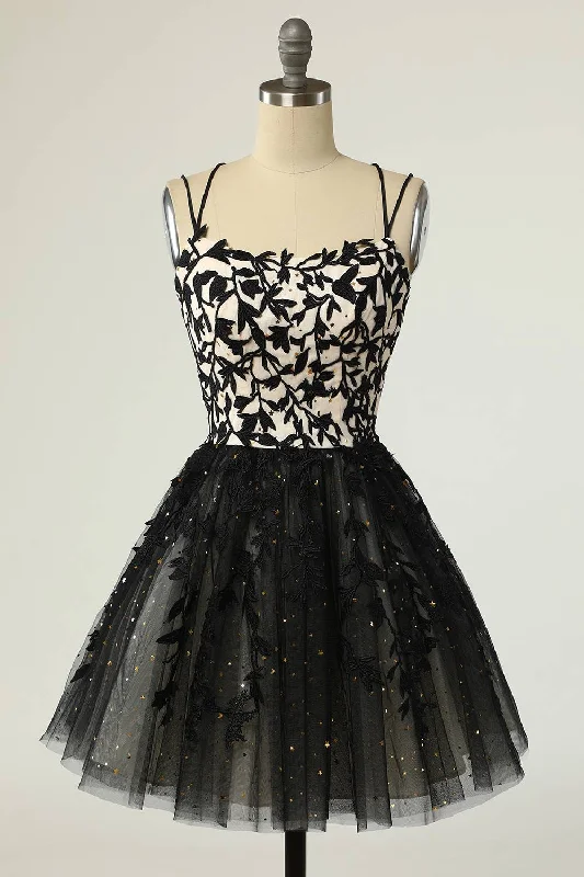 YEAR-End Clearance Straps Black Appliques Short Homecoming Dress with Sequins