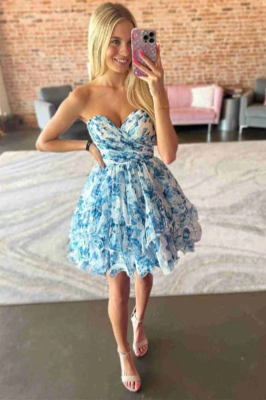 Weekend Flash Sale Sweetheart Blue Corset Floral Print Ruffle Short Party Dress