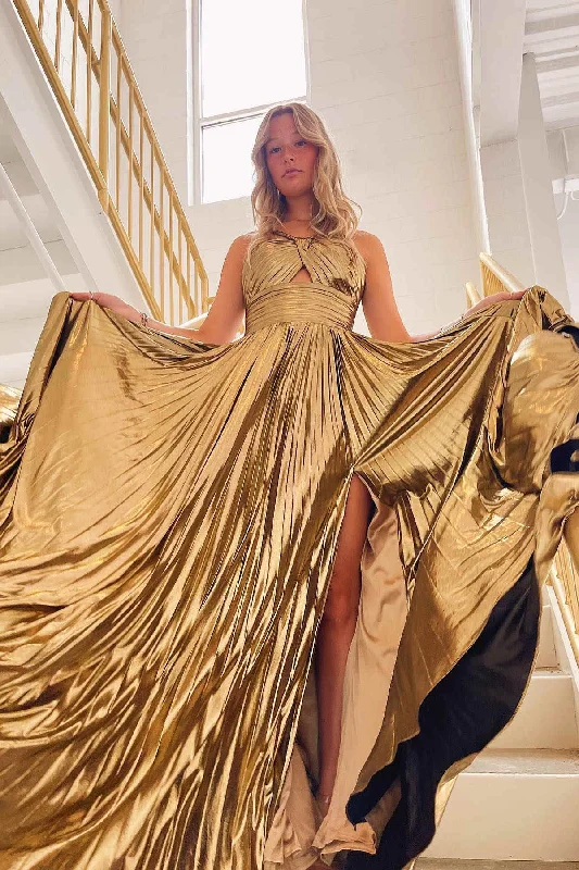 Price Break Key Hole Metallic Pleated Long Prom Dress with Slit