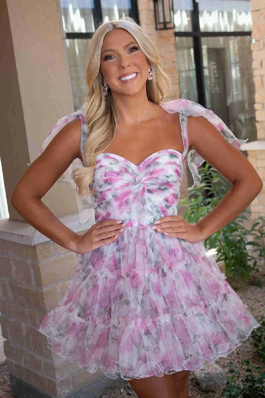 Final Markdown Princess Pink Floral Print Tulle Homecoming Dress with Bow Sleeves