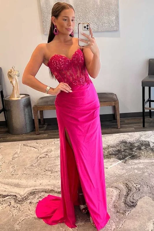 Last Chance Sweetheart Corset Lace Hot Pink Long Prom Dress with Slit