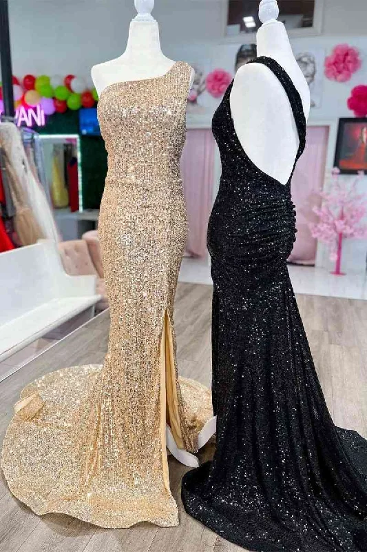 Deal Frenzy One Shoulder Mermiad Sequins Slit Long Prom Dress