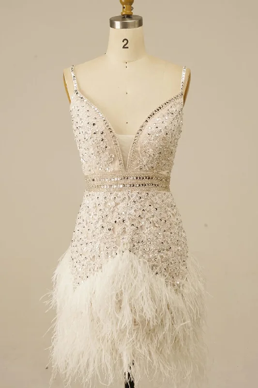 Limited Time Discount Elegant White V-Neck Tight Homecoming Dress with Feather Hem