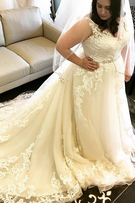 Big Savings Plus Size Long V-Neck A-line Champagne Wedding Dress with Lace