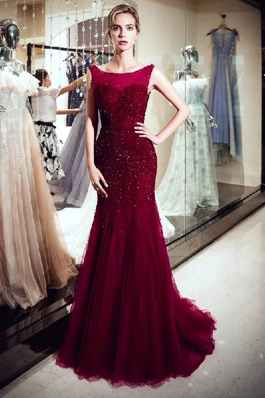 Super Sale Mermaid Bateau Sequined Long Burgundy Prom Evening Dress