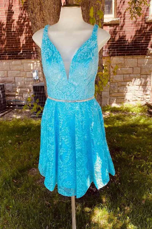 Savings Event A-Line Blue Lace Short Homecoming Dress
