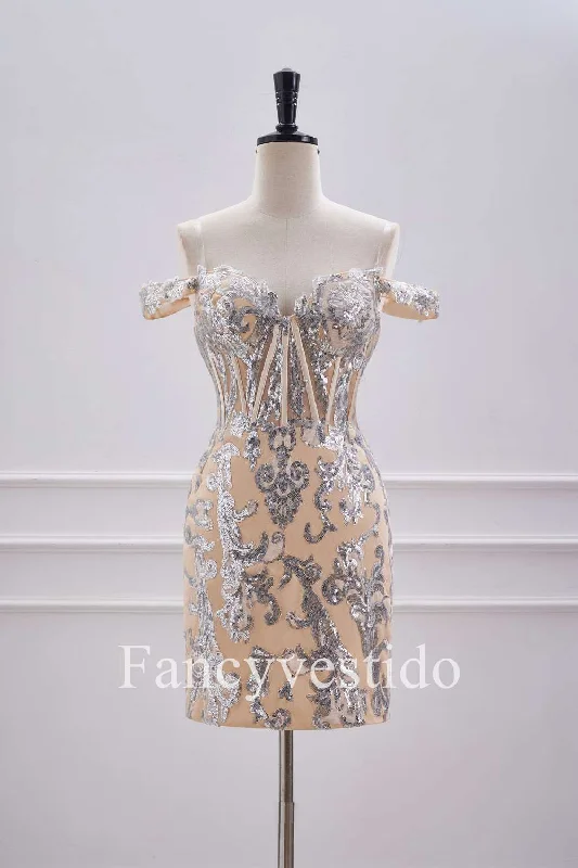 Online Only Off the Shoulder Nude Corset Tight Homecoming Dress with Silver Sequin