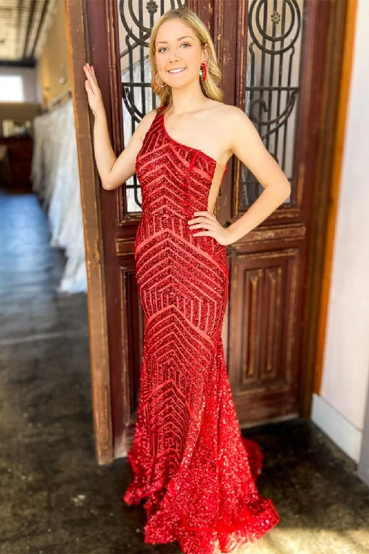 Big Discounts Mermaid One Shoulder Red Long Prom Dress