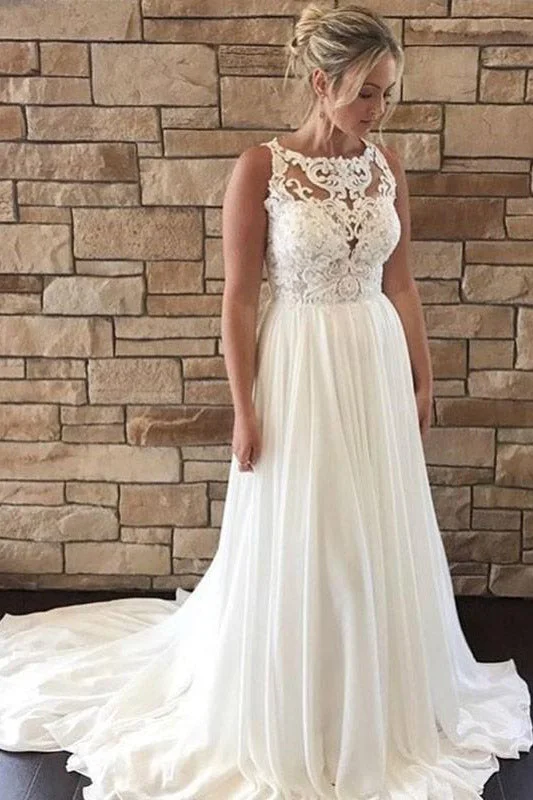 Limited Quantity Long Jewel Neck A-line Ivory Wedding Dress with Lace
