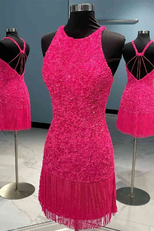 Special Savings Hot Pink Halter Tight Homecoming Dress with Tassel
