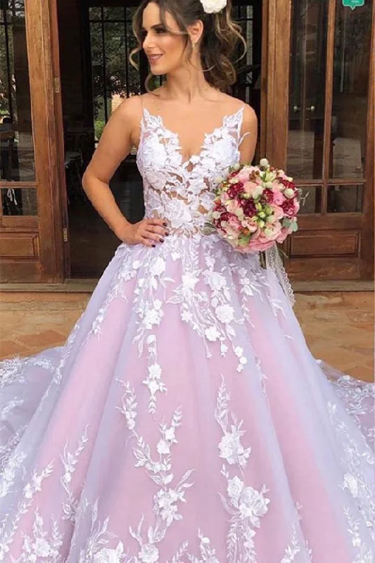 Weekend Deal Princess Long V Neck A-line Light Lavender Wedding Dress with Lace