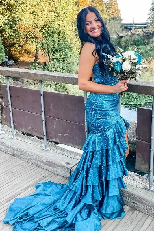 Closeout Straps Beaded Ruffle Mermaid Prom Dress with Lace-up Back
