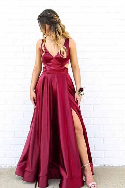 Shop and Save V-Neck Side Split Burgundy Prom Dress with Cutouts
