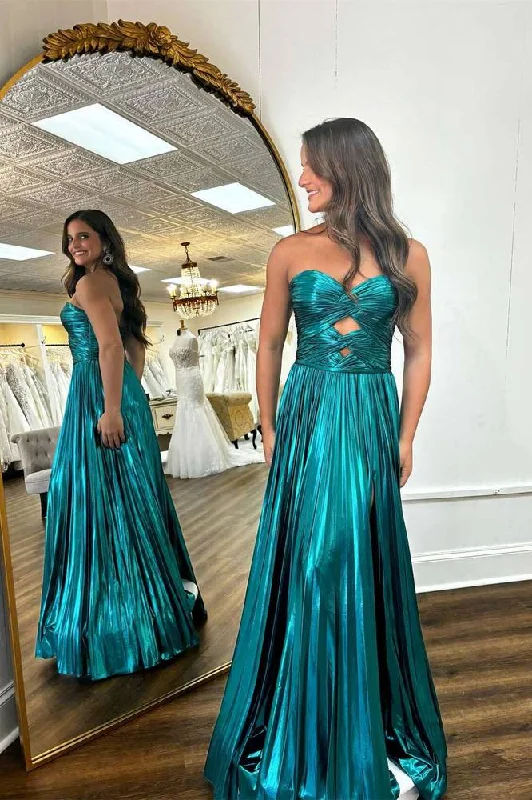 Lowest Price Strapless Metallic Keyhole Pleated Prom Dress with Slit