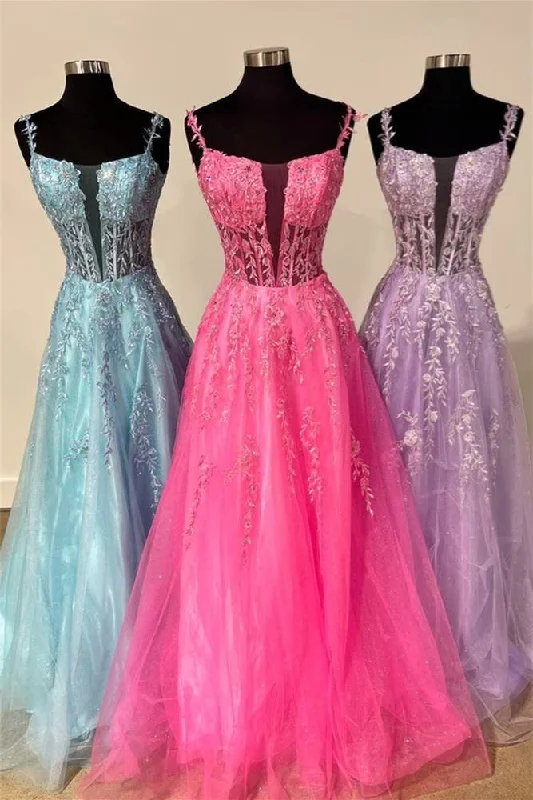 New Arrival Hot Pink Plunging Neck A-Line Prom Dress with Appliques