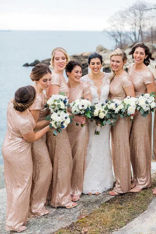 Today’s Deal Mermaid Short Sleeves Rose Gold Sequins Long Bridesmaid Dress