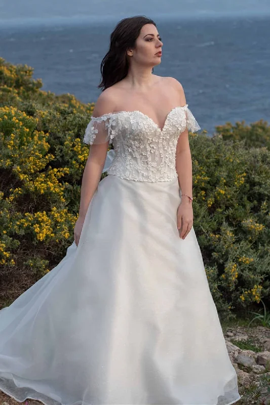 Flash Deals A-Line Long Off the Shoulder Ivory Wedding Dress with Appliques