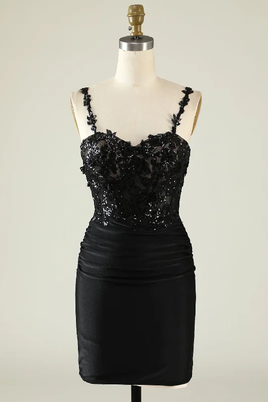 Price Rollback Straps Black Sequines Appliques Short Homecoming Dress