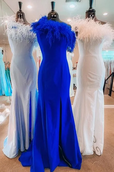 Customer Appreciation Sale One Shoulder Feathers Long Side Slit Prom Dress