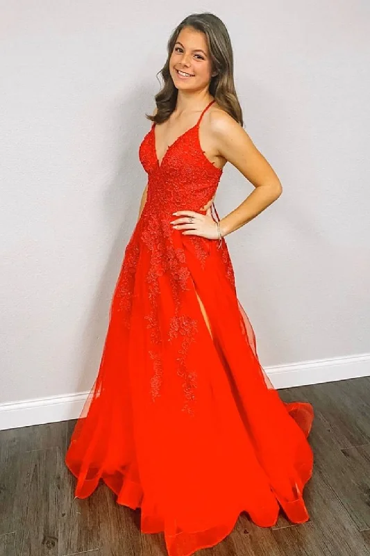 Savings Galore Lace-Up Back V-Neck Red Long Prom Dress with Appliques
