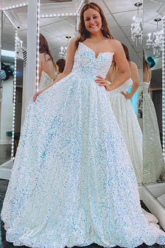 Great Bargains Strapless Iridescent White Sequin A-Line Long Prom Dress