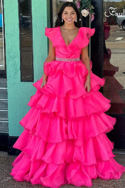 Early Access Hot Pink V-Neck Ruffle Tiered Long Prom Dress with Beaded Waist