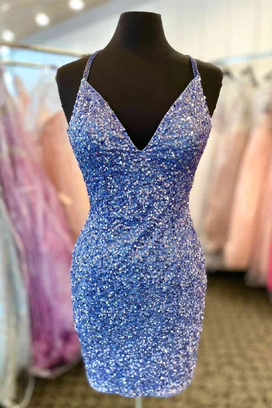 Seasonal Clearance Straps Lavender V-Neck Sequined Mini Homecoming Dress