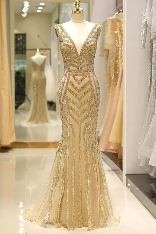 Price Reduction Mermaid Deep V-Neck Gold Beaded Prom Dress
