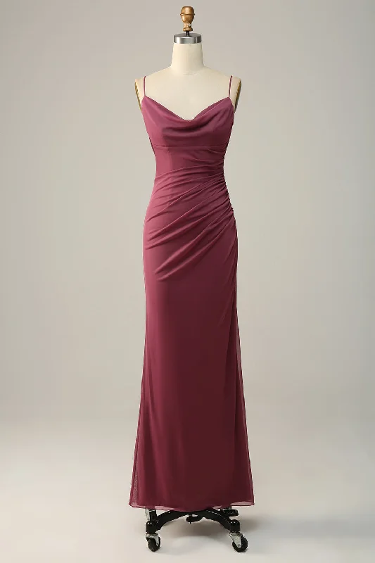 Referral Discount Backless Desert Rose Cowl Neck Ruched Long Bridesmaid Dress