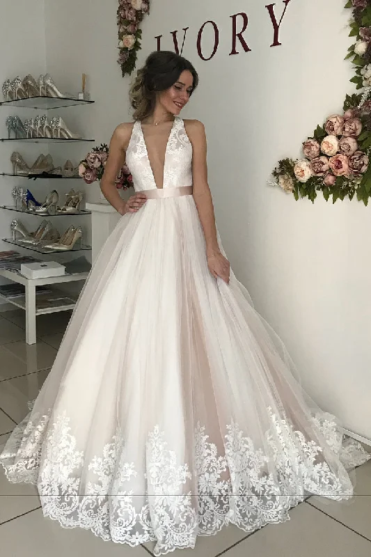 Today Only Princess Plunging Neck A-line Long Ivory Wedding Dress with Lace