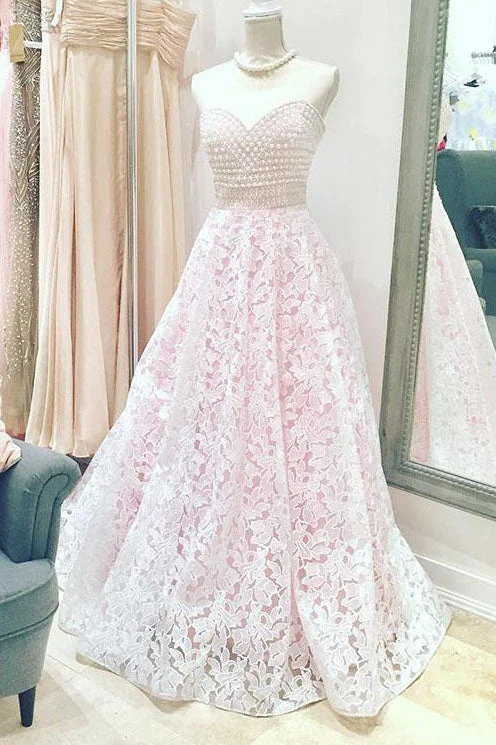 The Best Prices Long Sweetheart A-line Lace Pink Wedding Dress with Beads