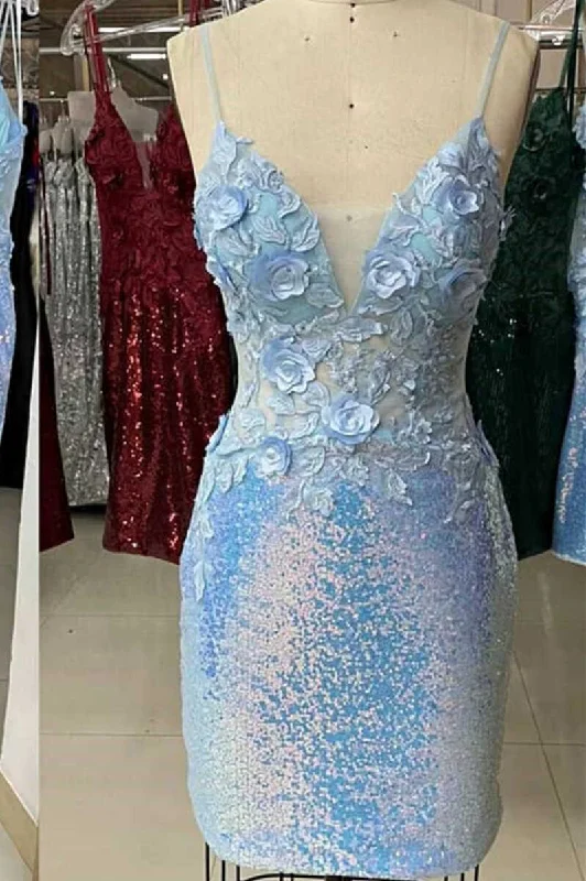 Deal Alert Straps Light Blue Sequins Appliqued Tight Homecoming Dress