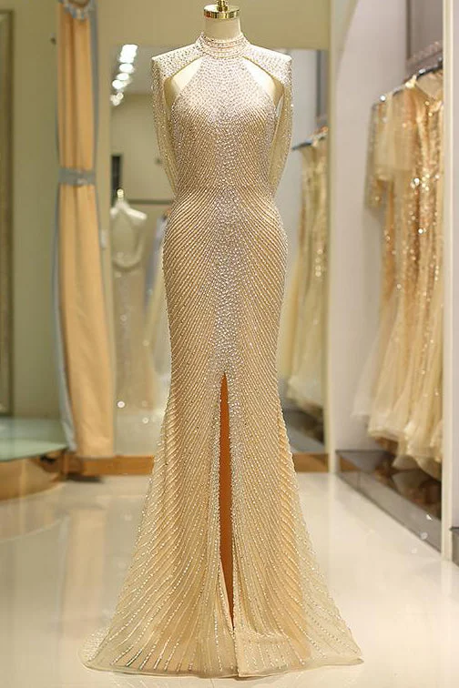Incredible Offers Split-Front Long Gold Prom Dress with Cowl Back