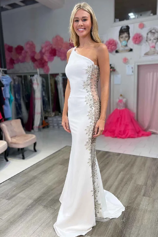 Epic Deals Mermaid White One Shoulder Beaded Long Formal Dress
