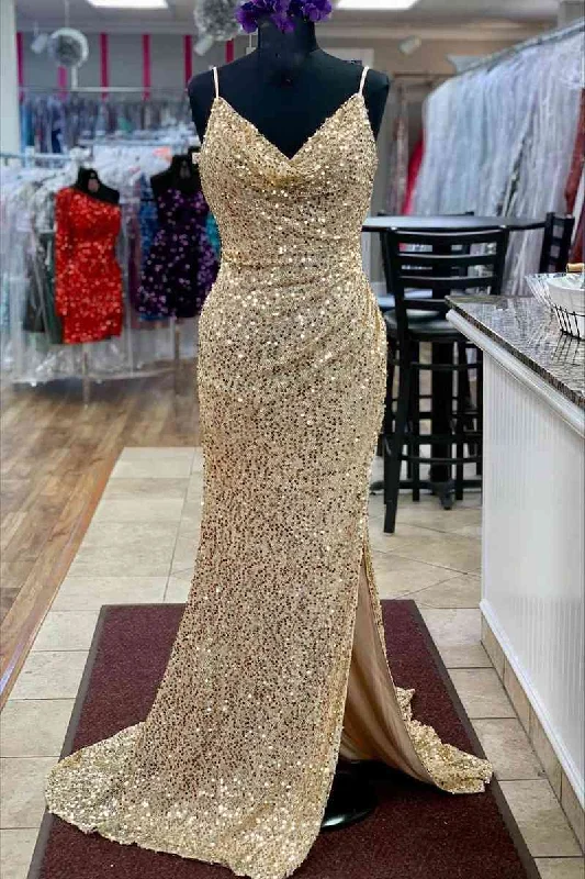 Weekend Deal Champagne Cowl Neck Mermaid Sequins Pleated Long Prom Dress