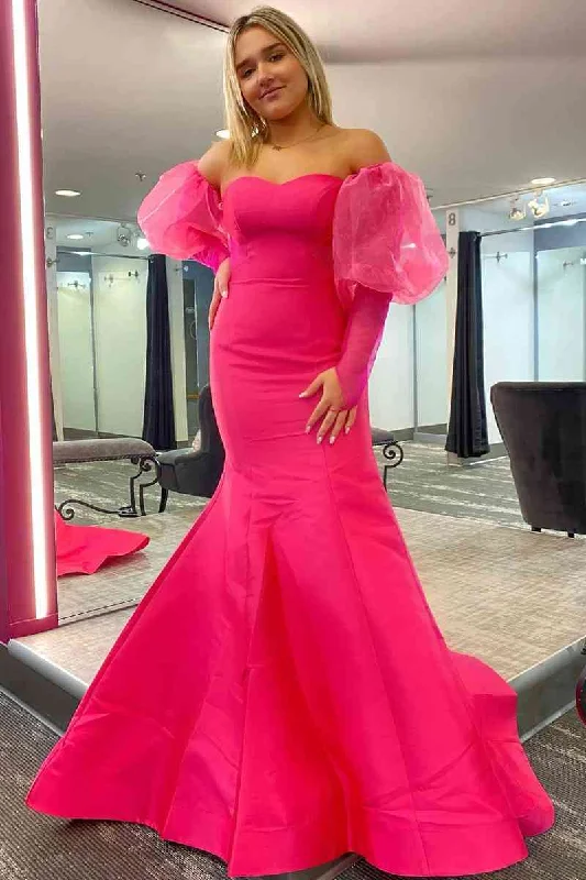Super Deal Sweetheart Hot Pink Puff Sleeves Satin Mermaid Prom Dress