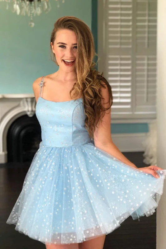 Special Offer Spaghetti Straps Light Blue Short Homecoming Dress with Stars