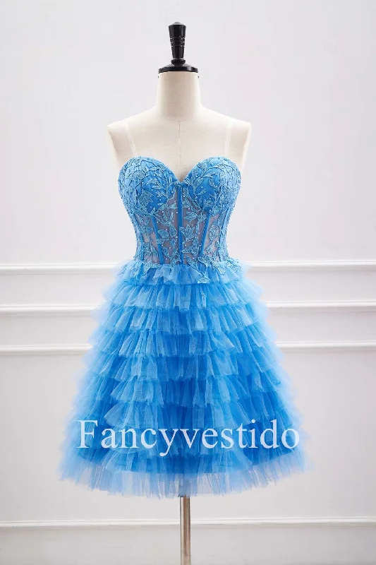 Discount Mania A-Line Sweetheart Blue Corset Appliques Ruffle Homecoming Dress