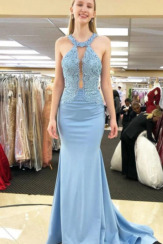 Closeout Open Back Mermaid Sky Blue Long Prom Dress