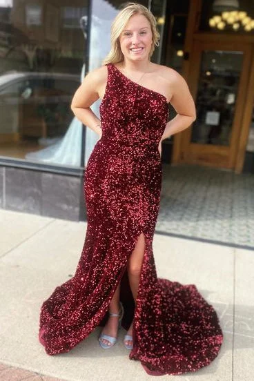 Big Discounts Backless Burgundy One Shoulder Side Slit Long Formal Dress