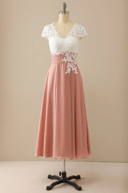 Price Rollback Pink Cap Sleeves Appliques Empire Tea-Length Mother of the Bride Dress