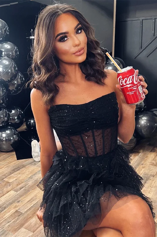 Can't Miss A-Line Black Sequins Multi-Layered Homecoming Dress